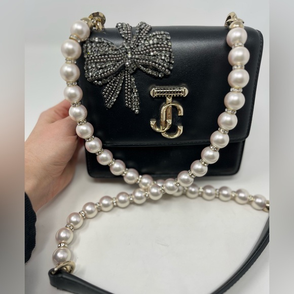 Jimmy Choo Varenne Quad XS Avenue Box Leather Bag Black Pearl Strap Mini - Picture 1 of 12